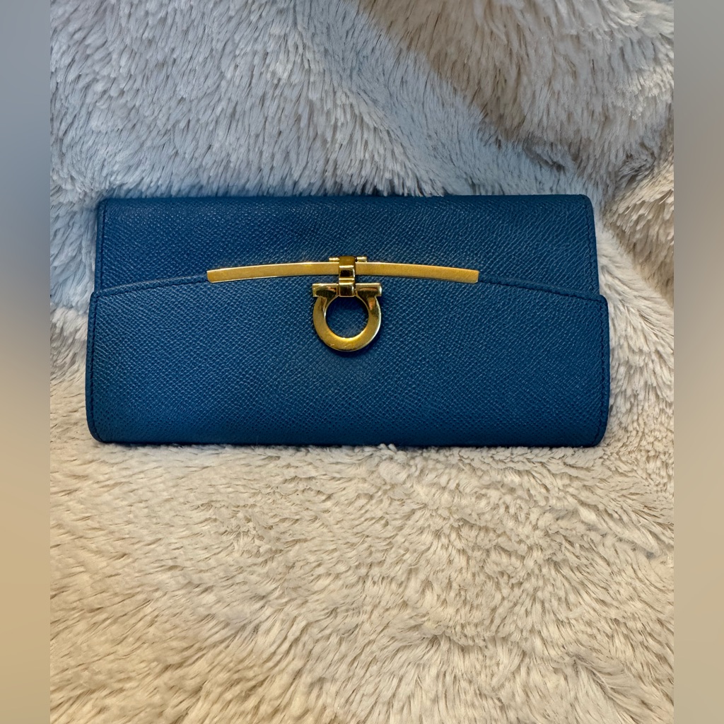 Salvatore Ferragamo Gancini Blue Continental Wallet - Pebbled Calfskin, Italy